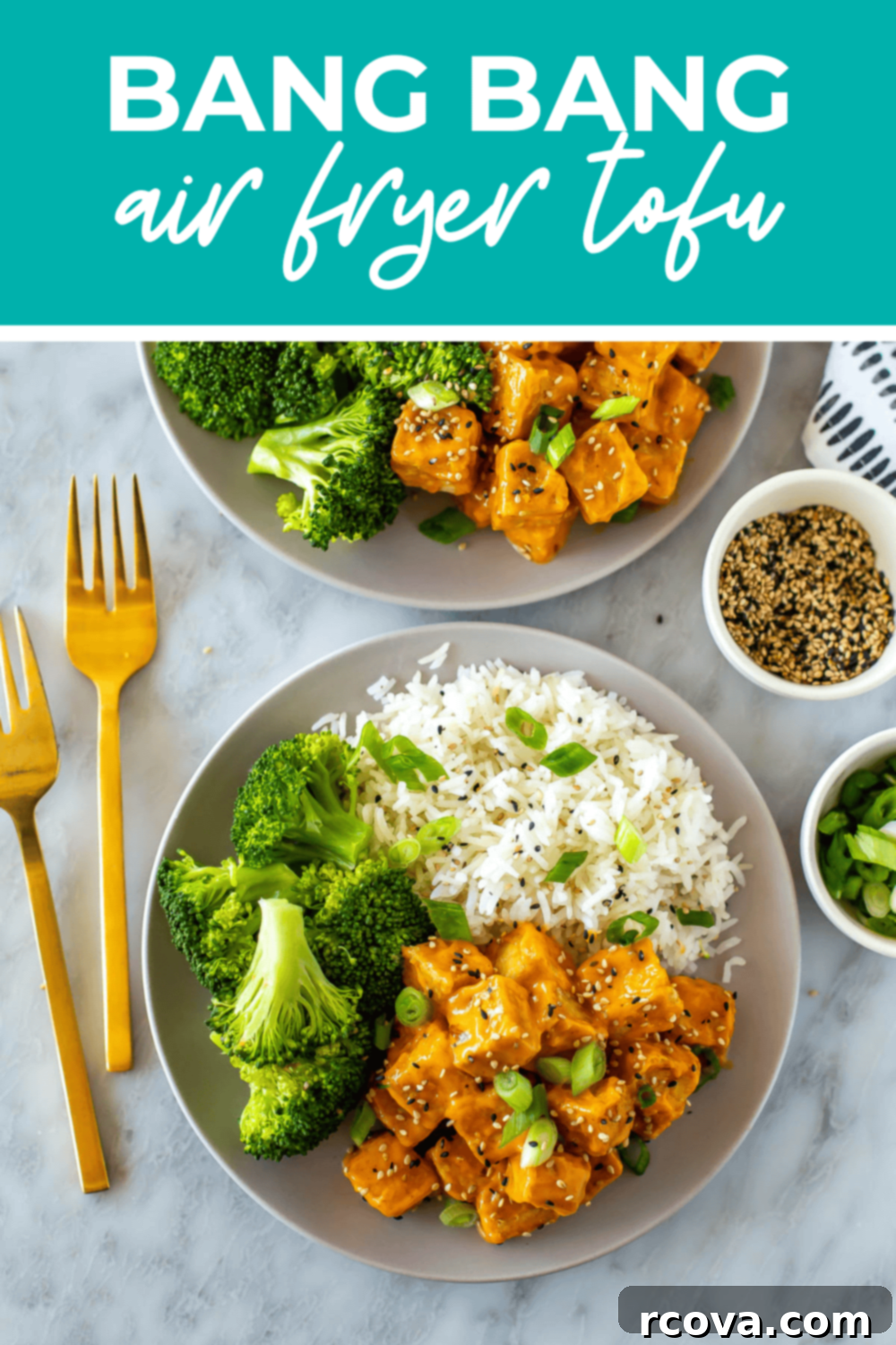 Master Crispy Air Fryer Tofu with Our Ultimate Sauce 12 Bang bang air fryer tofu on a plate with rice and broccoli with the text "Bang Bang Air Fryer Tofu" on top.