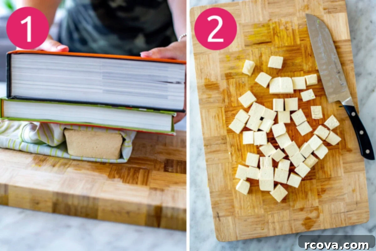 Master Crispy Air Fryer Tofu with Our Ultimate Sauce 5 Steps 1 and 2 for making air fryer tofu: Pressing the tofu to remove moisture, and then cutting it into uniform cubes.