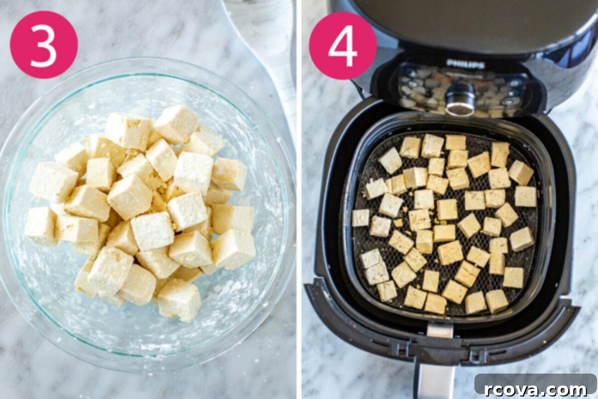 Master Crispy Air Fryer Tofu with Our Ultimate Sauce 6 Steps 3 and 4 for making air fryer tofu: Coating the cubed tofu in cornstarch and then arranging it in a single layer in the air fryer basket.