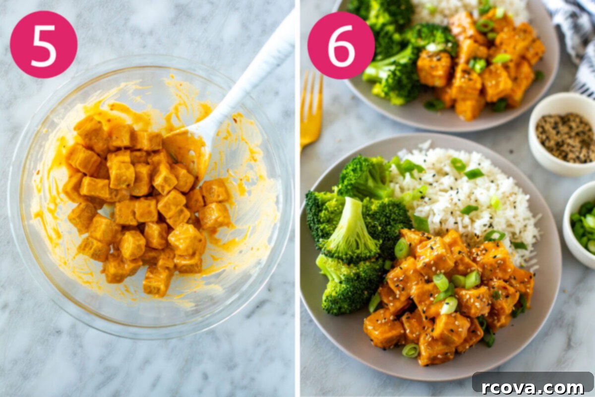 Master Crispy Air Fryer Tofu with Our Ultimate Sauce 7 Steps 5 and 6 for making air fryer tofu: Tossing the air-fried tofu in Bang Bang sauce and serving it with rice and broccoli.