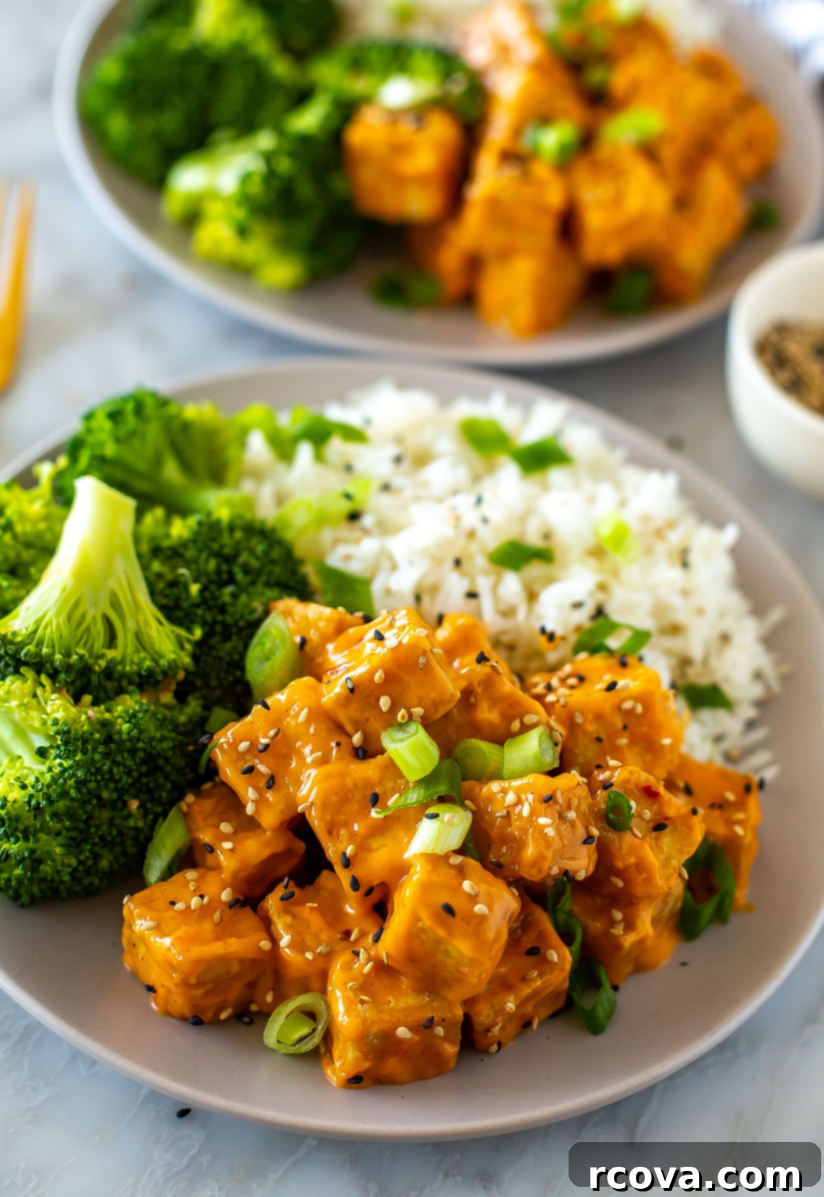 Master Crispy Air Fryer Tofu with Our Ultimate Sauce 9 A close-up of a plate of air fryer tofu with rice and broccoli on the side, ready to be eaten.