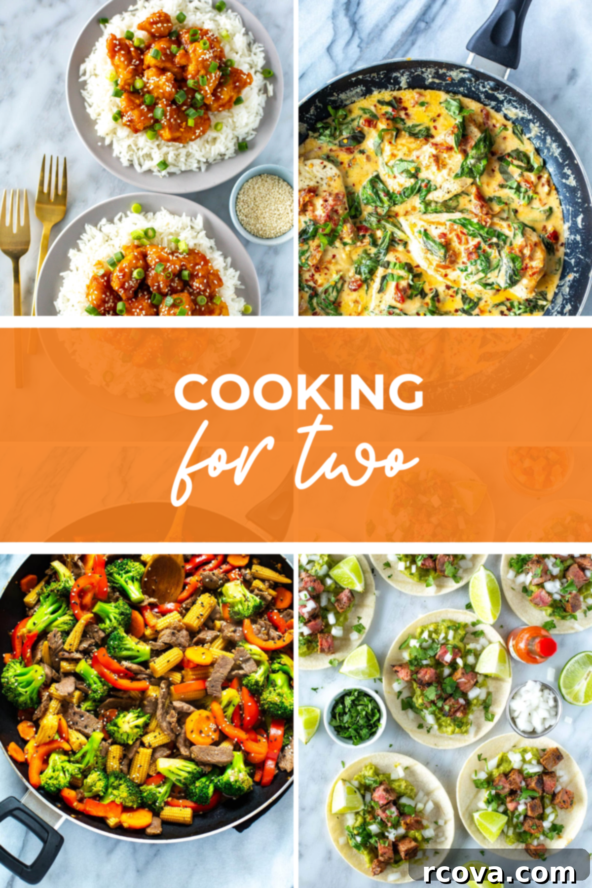 Recipes and Meal Planning for Two 2 four dishes collage with orange banner in the middle and white text reading "cooking for two"