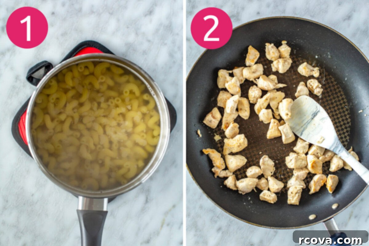 Effortless Creamy Sun-Dried Tomato Pasta 5 Step 1: Cooking penne pasta in boiling water. Step 2: Diced chicken browning in a skillet with oil from sundried tomatoes.
