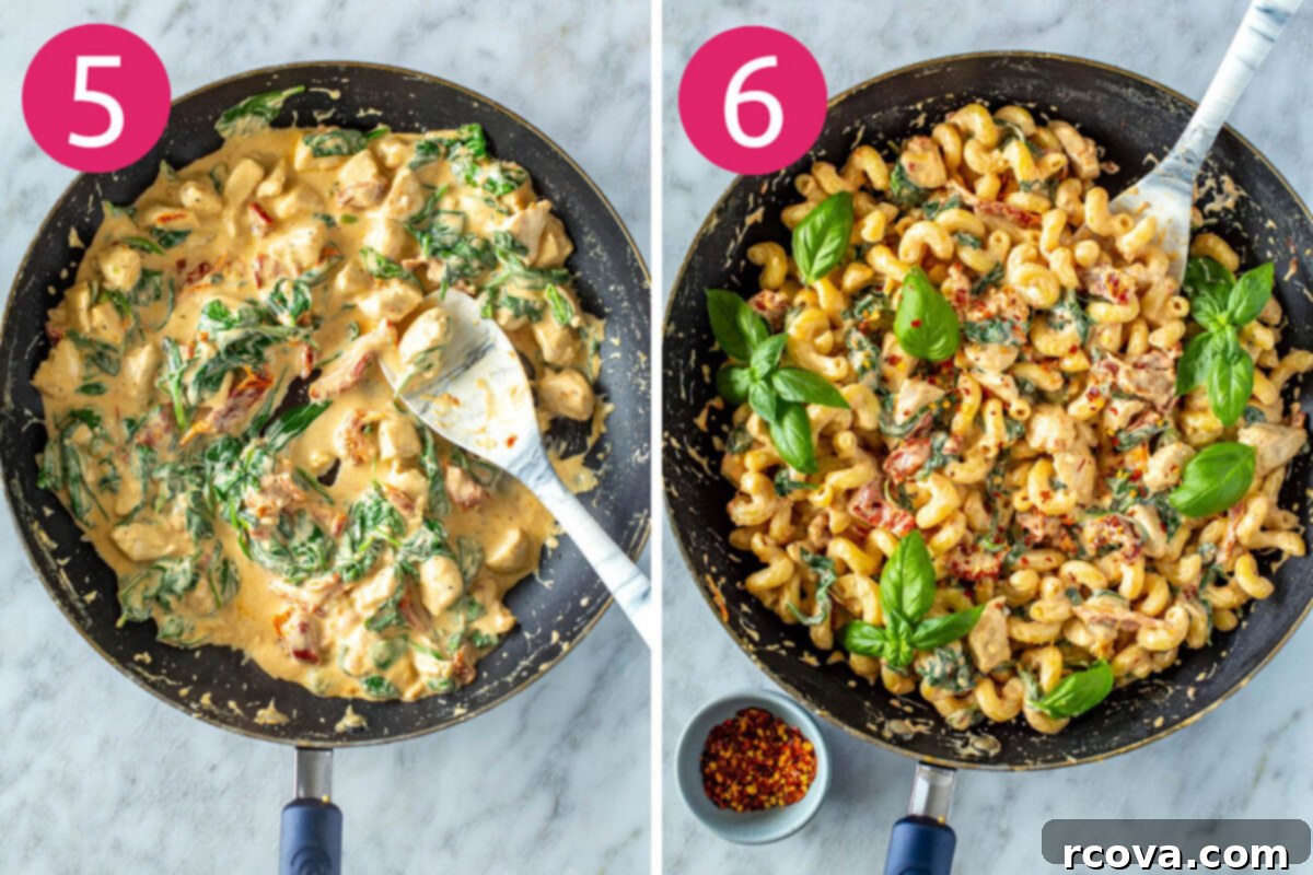 Effortless Creamy Sun-Dried Tomato Pasta 7 Step 5: Cooked pasta and fresh baby spinach being tossed into the creamy sundried tomato sauce in a skillet. Step 6: A final plate of creamy sundried tomato pasta garnished with fresh basil, ready to enjoy.