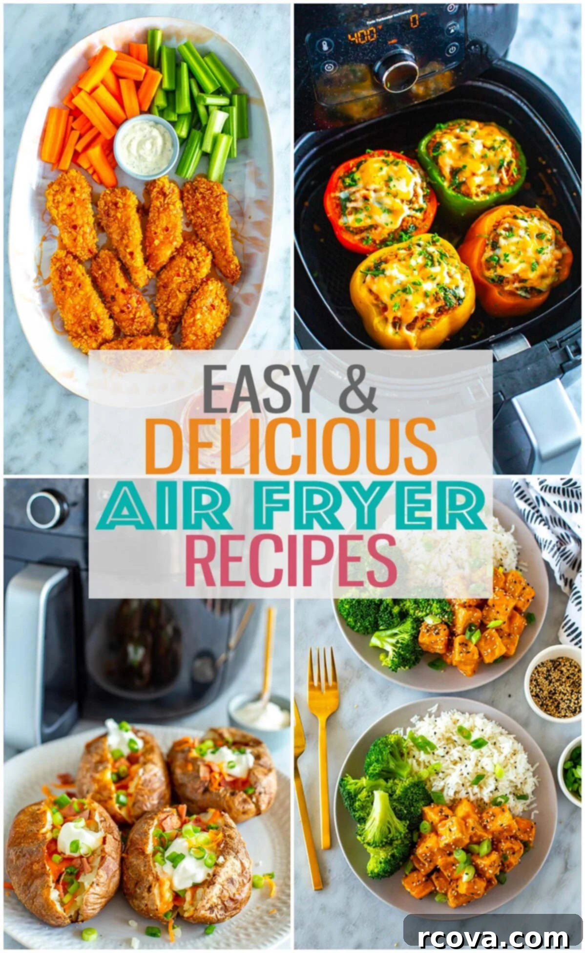 Effortless & Flavorful: 18 Air Fryer Delights 2 A collage of 4 different air fryer recipes with the text "Easy & Delicious Air Fryer Recipes" layered over top.