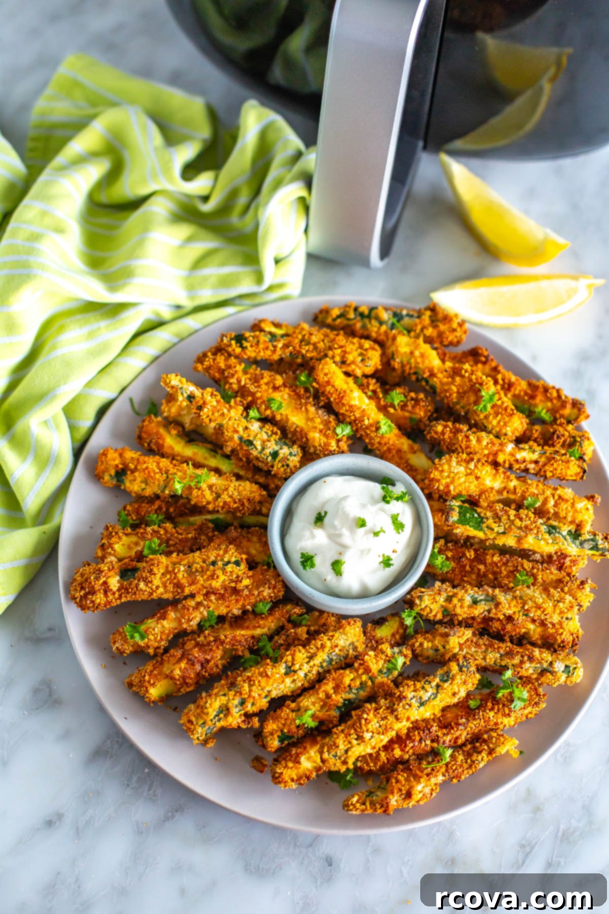 Effortless & Flavorful: 18 Air Fryer Delights 22 A plate of air fryer zucchini fries with garlic aioli in front of an air fryer.