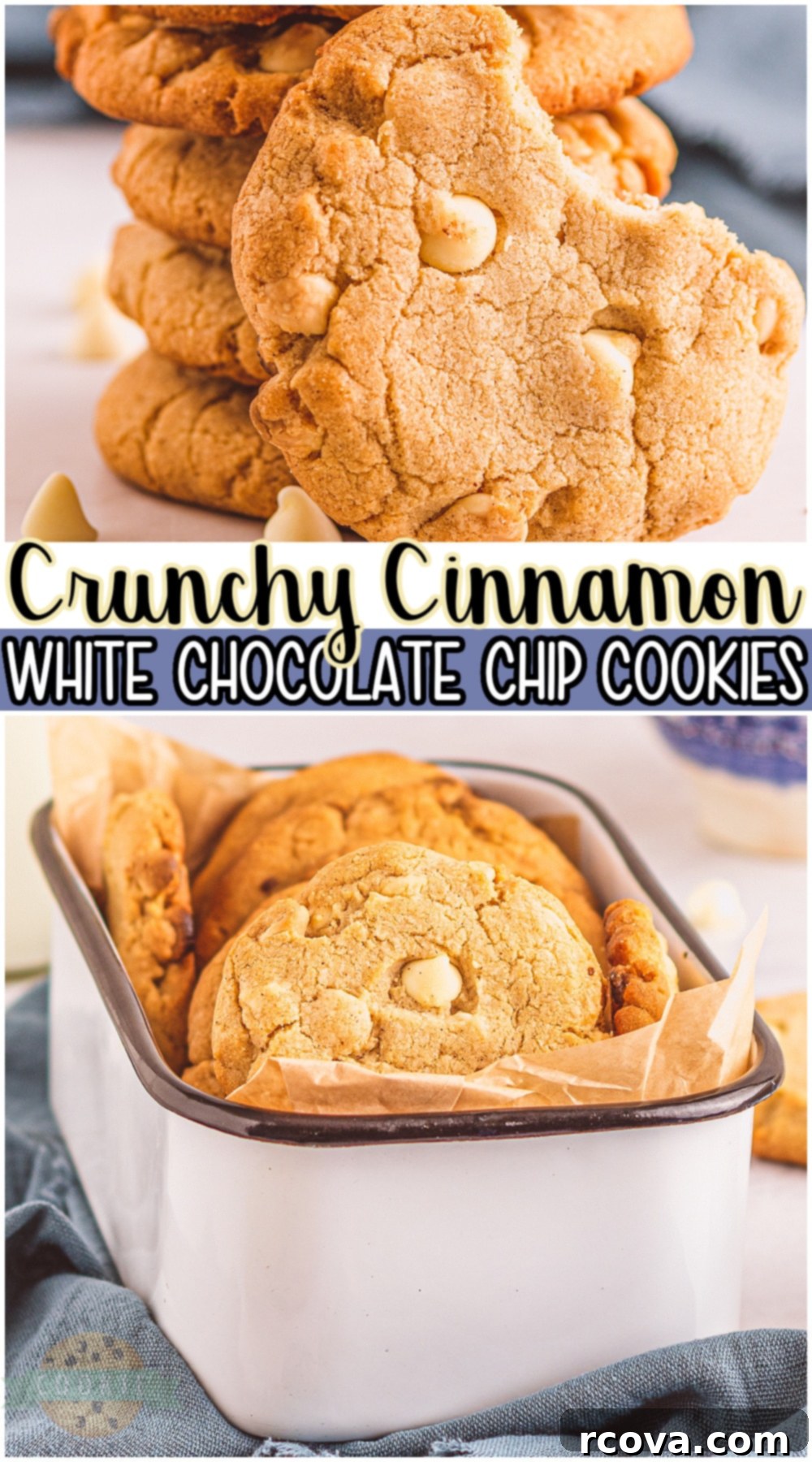 Spiced White Chocolate Crunch Cookies 12 Crunchy white chocolate cinnamon cookies are packed with warm cinnamon flavor and gooey white chocolate chips. A fun twist on classic chocolate chip cookies that are perfect for the holidays!