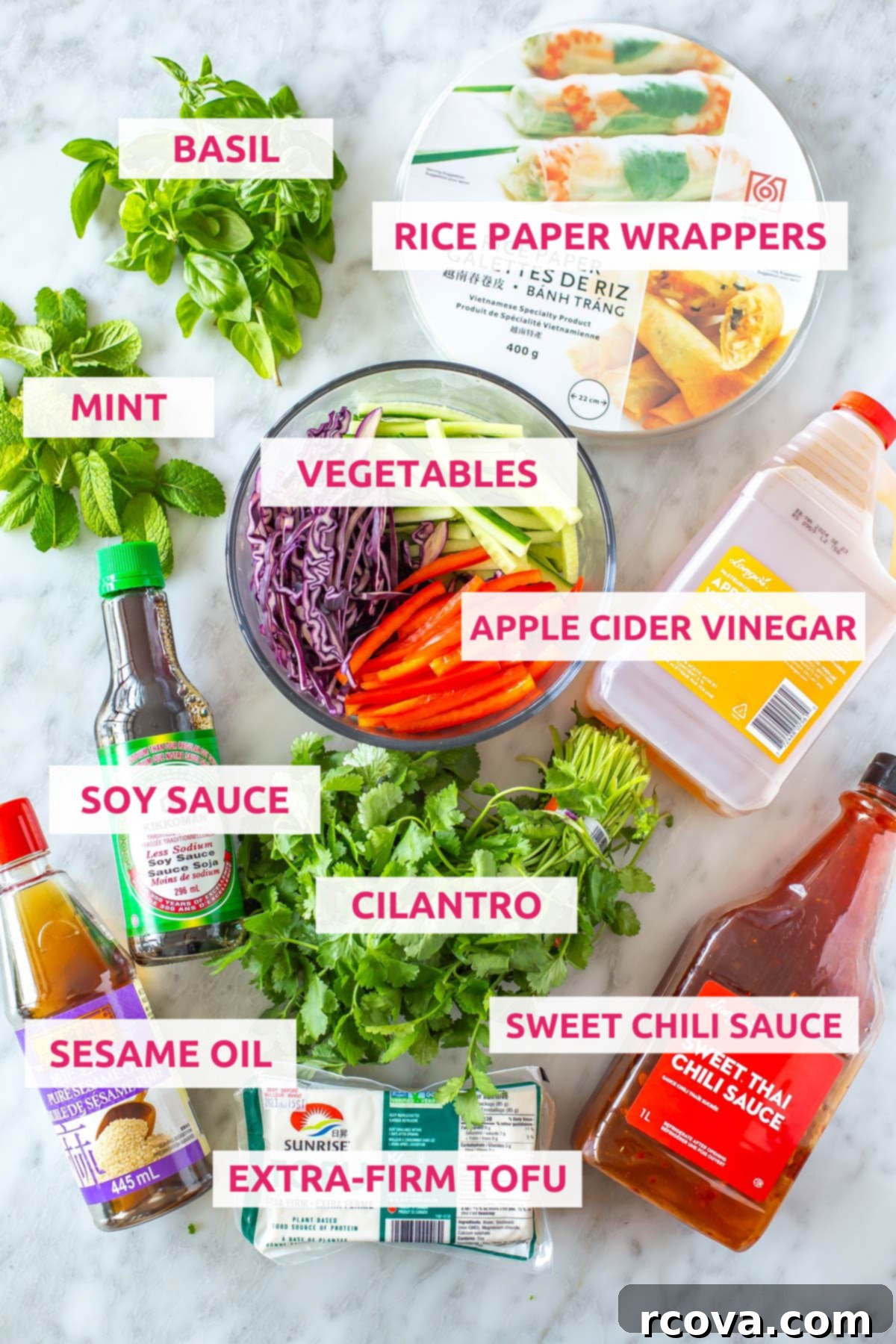 Plant-Powered Summer Rolls with Zesty Chili Dip 4 Ingredients for summer rolls: rice paper wrappers, veggies, basil, mint, apple cider vinegar, soy sauce, sesame oil, cilantro, tofu and sweet chili sauce.