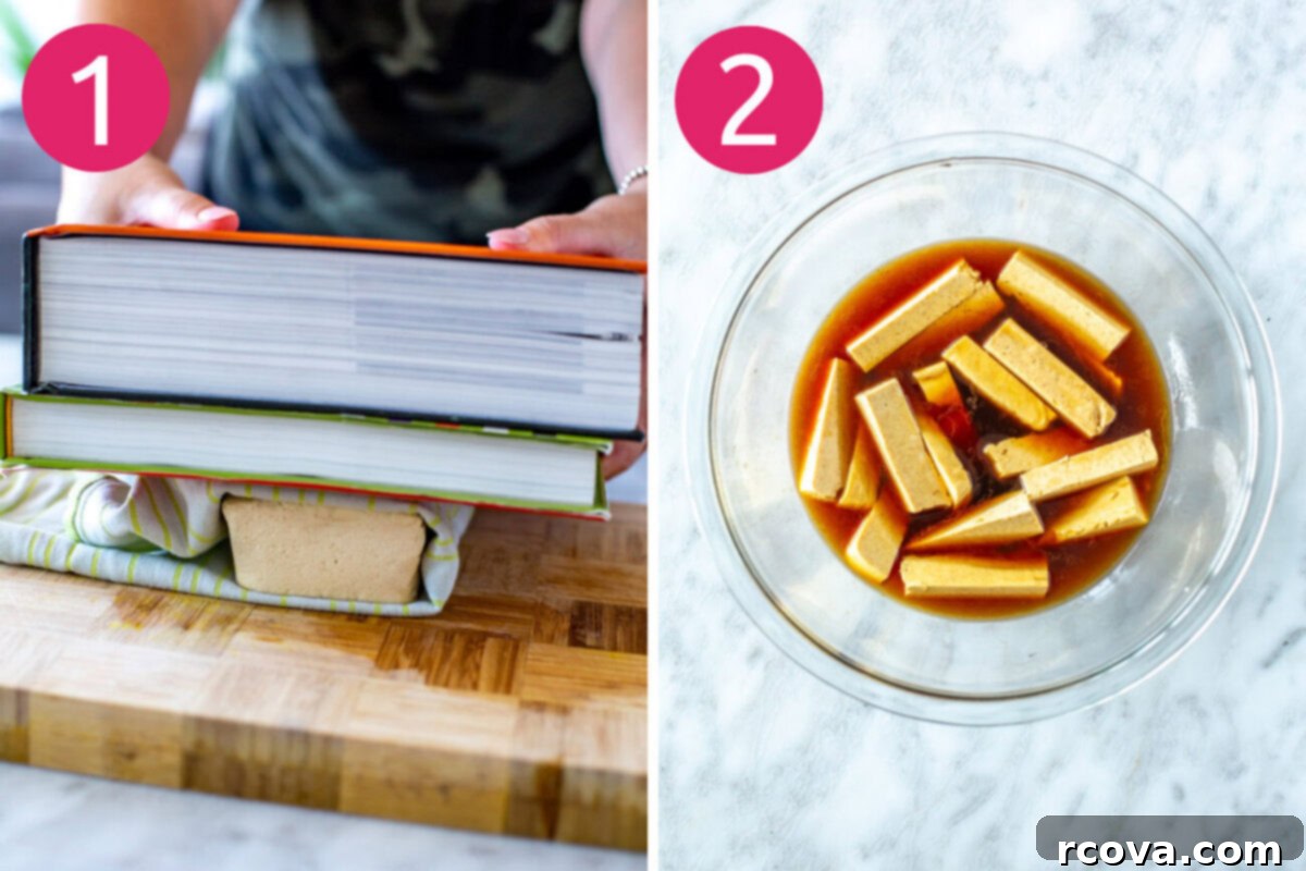 Plant-Powered Summer Rolls with Zesty Chili Dip 5 Steps 1 and 2 for making summer rolls: Press tofu then marinate it.