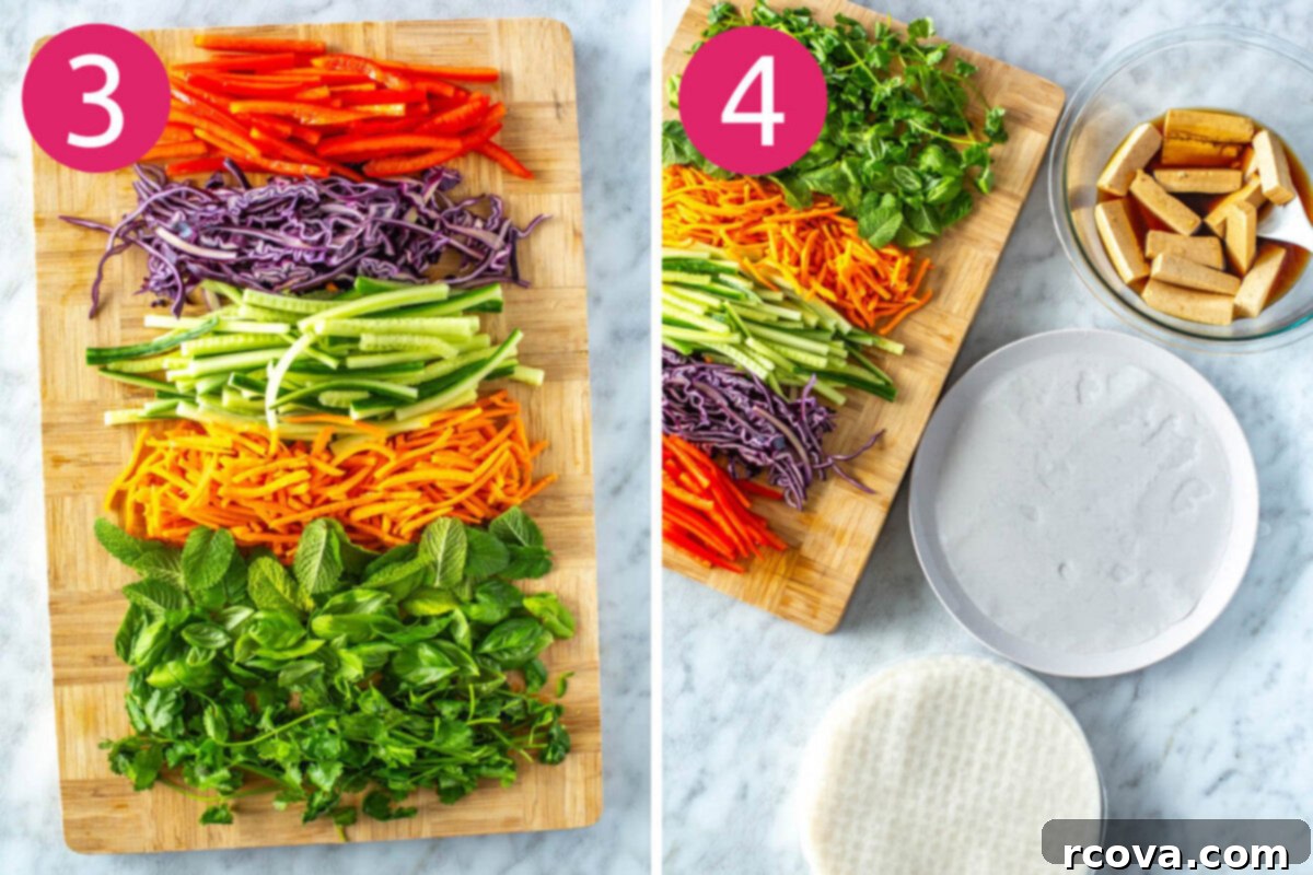 Plant-Powered Summer Rolls with Zesty Chili Dip 6 Steps 3 and 4 for making summer rolls: Prep veggies and soak rice paper wrappers.