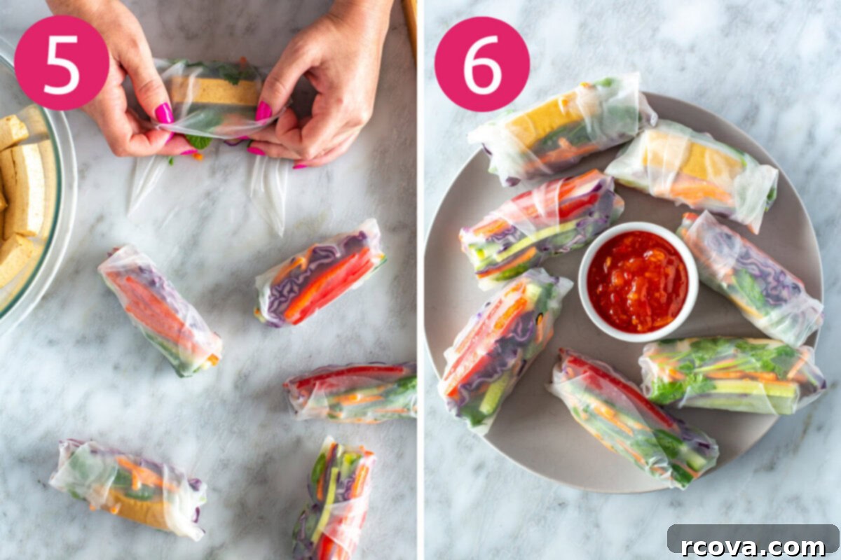 Plant-Powered Summer Rolls with Zesty Chili Dip 7 Steps 5 and 6 for making summer rolls: Add fillings and roll them up.
