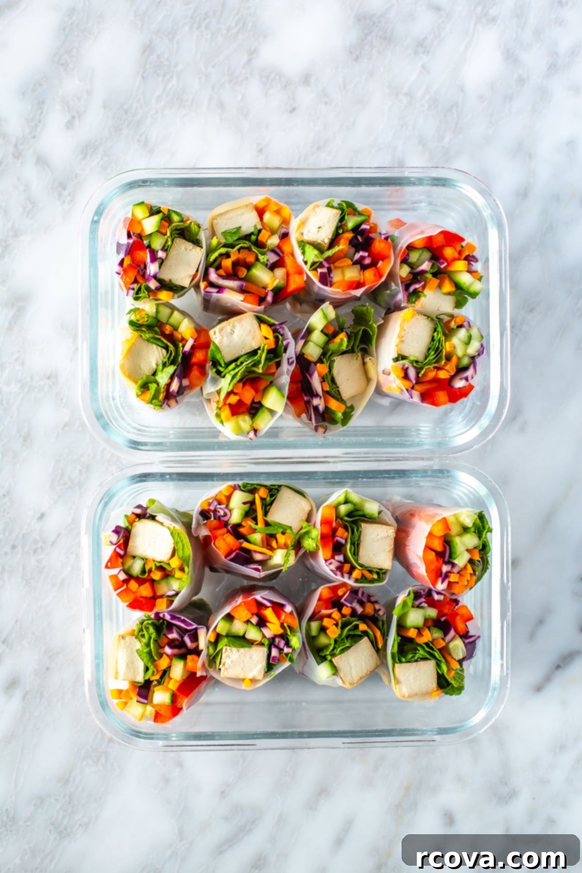Plant-Powered Summer Rolls with Zesty Chili Dip 10 Two meal prep containers filled with summer rolls.