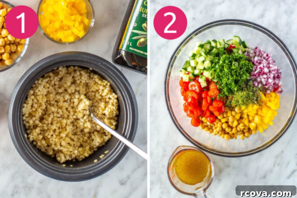 Effortless Mediterranean Couscous Salad for Meal Prep 4 Step 1 and 2 for making couscous salad: Cook couscous and prep your ingredients on a cutting board.