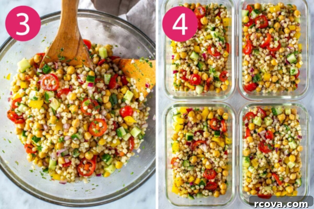 Effortless Mediterranean Couscous Salad for Meal Prep 5 Steps 3 and 4 for making couscous salad: Mixing all ingredients in a large bowl, then portioning into meal prep containers.