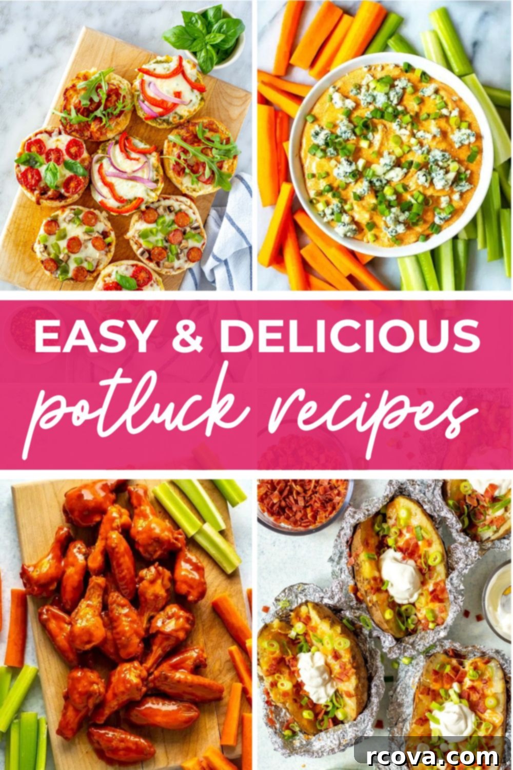 Simple Potluck Showstoppers 2 Collage of four potluck recipes, with text that says 'Easy & Delicious Potluck Recipes'