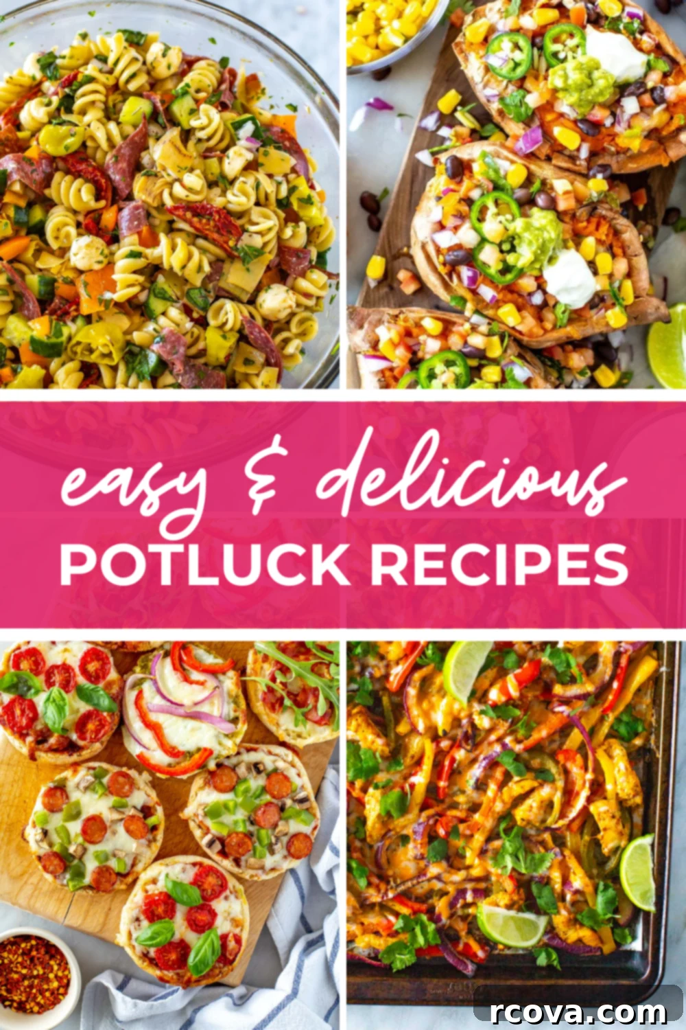 Simple Potluck Showstoppers 28 A collage of potluck recipes with the text "Easy & Delicious Potluck Recipes" overtop.