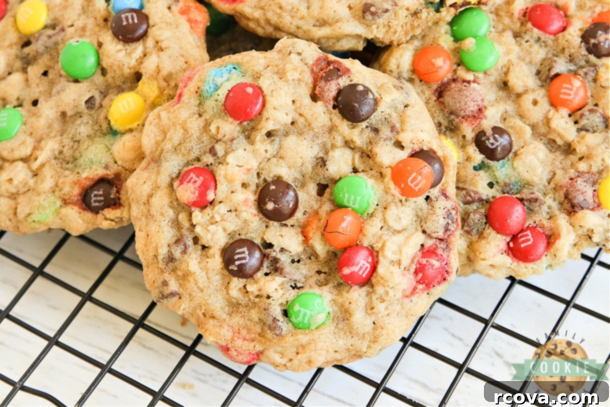 Colorful M and M Oatmeal Cookies 3 Close-up of a stack of M&M Oatmeal Cookies, highlighting the chewy texture and generous inclusions.