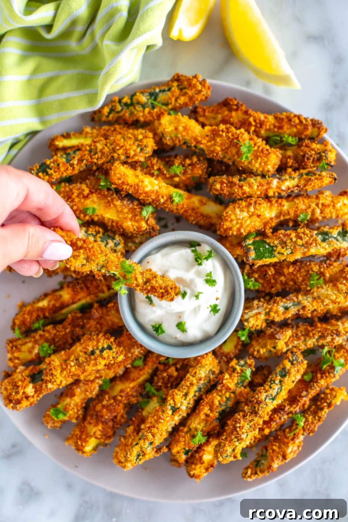 Perfectly Crispy Air Fryer Zucchini Fries 2 A plate of air fryer zucchini fries with one being dipped into garlic aioli.