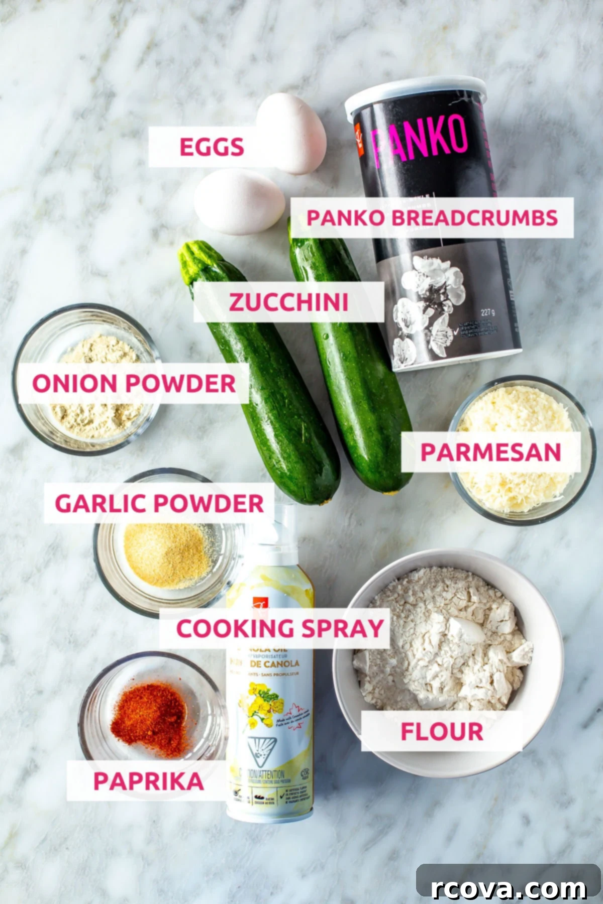Perfectly Crispy Air Fryer Zucchini Fries 4 Ingredients for Air Fryer Zucchini Fries: panko breadcrumbs, eggs, zucchini, onion powder, garlic powder, parmesan, cooking spray, flour and paprika.