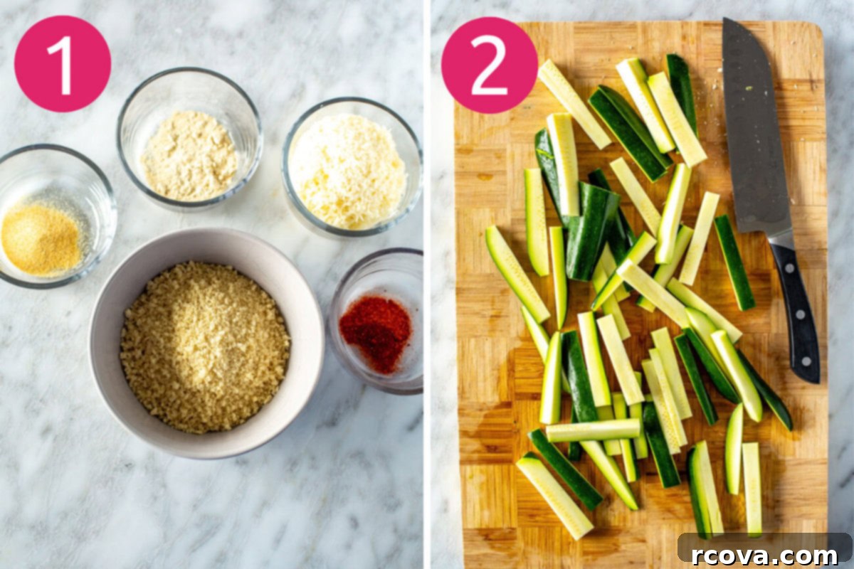 Perfectly Crispy Air Fryer Zucchini Fries 5 Steps 1 and 2 for making Air Fryer Zucchini Fries: Mix breading and cut zucchini into fries.