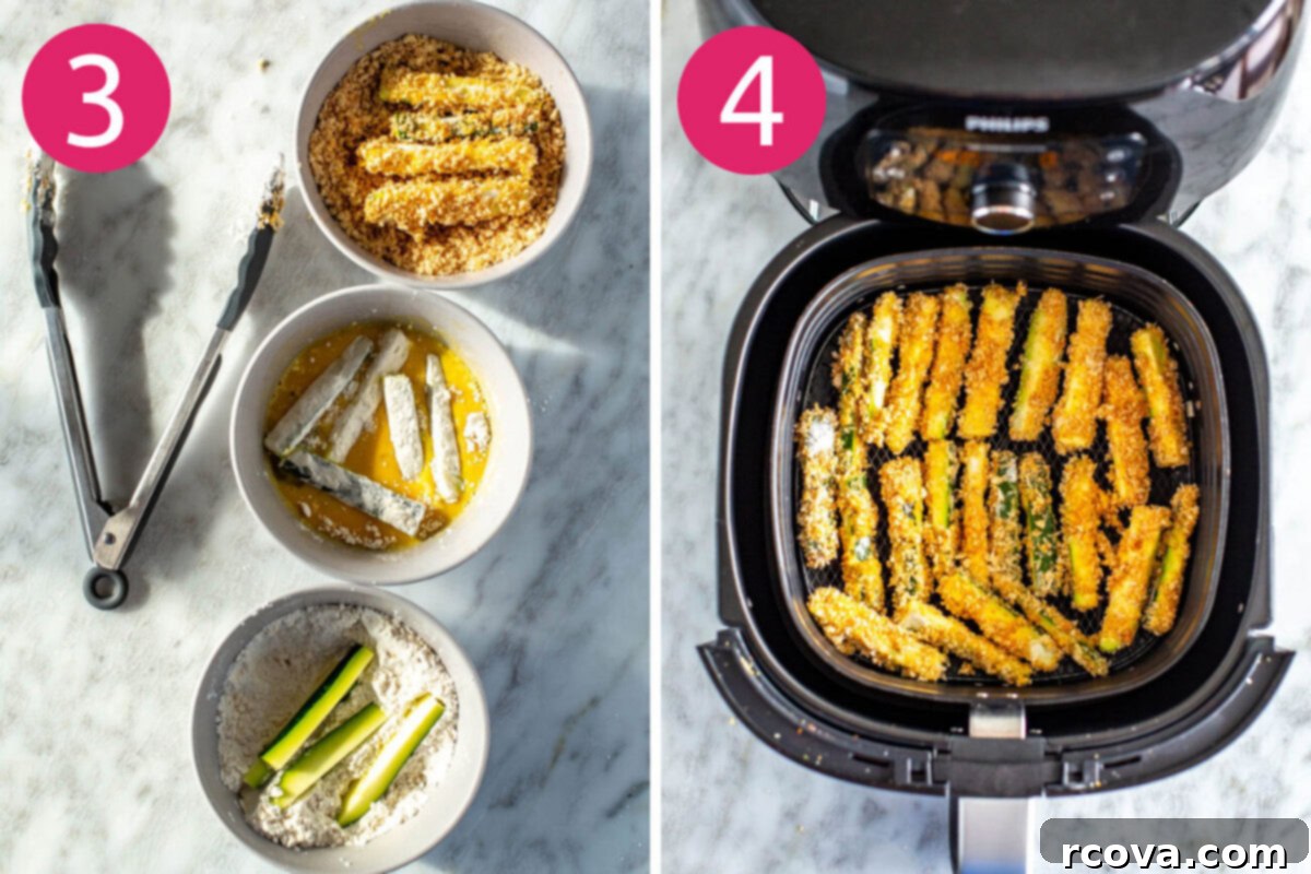 Perfectly Crispy Air Fryer Zucchini Fries 6 Steps 3 and 4 for making Air Fryer Zucchini Fries: Bread zucchini and put in air fryer.