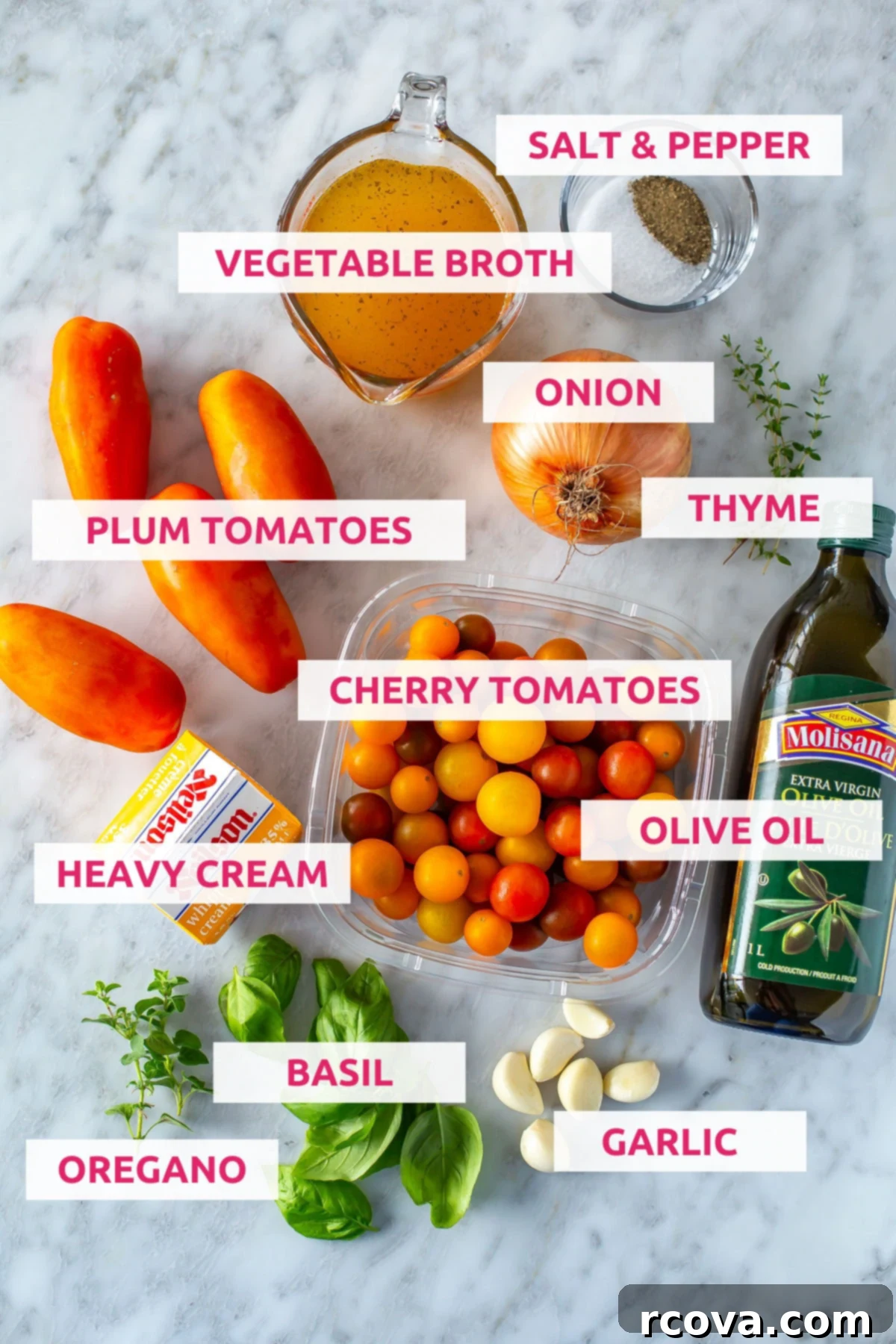 Sun-Kissed Roasted Tomato Basil Bliss 4 A vibrant flat lay of all the fresh ingredients required for roasted tomato basil soup: plum tomatoes, cherry tomatoes, vegetable broth, salt, pepper, onions, thyme, whole garlic cloves, heavy cream, olive oil, fresh oregano, and fresh basil.