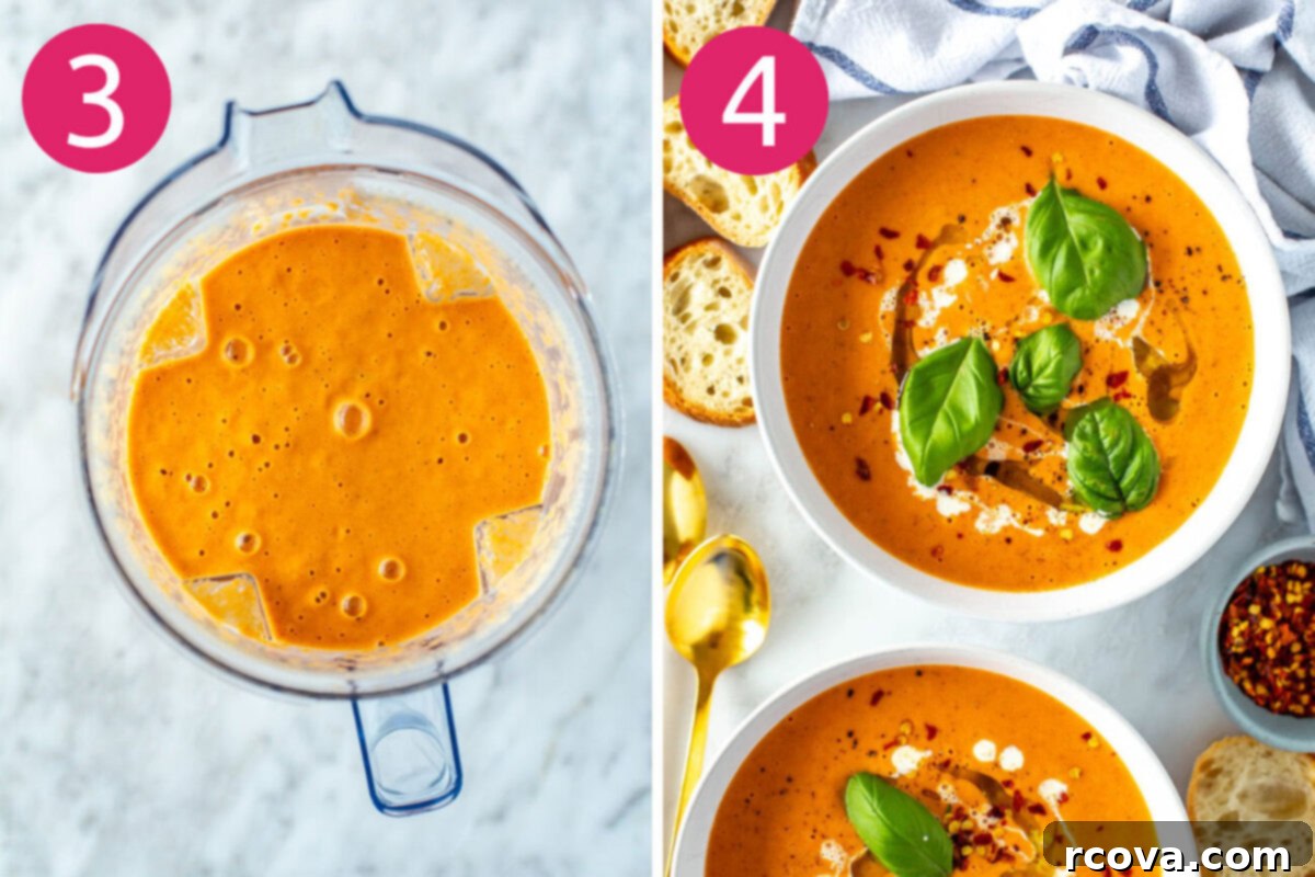 Sun-Kissed Roasted Tomato Basil Bliss 6 Final steps for making roasted tomato basil soup: First, ensure the soup is blended until smooth and creamy. Then, pour into bowls, garnish with fresh basil, a swirl of cream, and chili flakes, ready to be served.