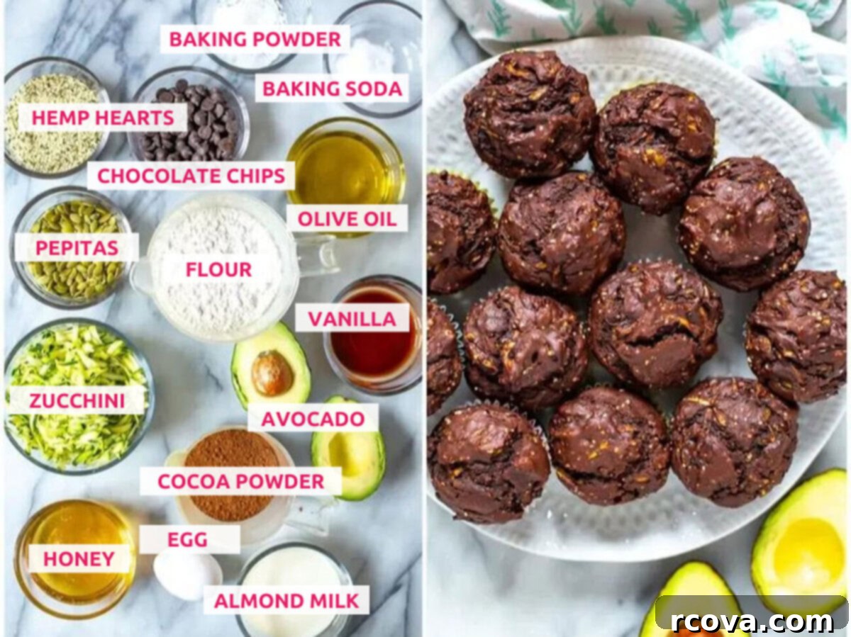 Guilt-Free Double Chocolate Zucchini Muffins 4 Ingredients for Healthy Double Chocolate Zucchini Muffins: cocoa powder, egg, honey, avocado, almond milk, zucchini, vanilla, flour, pepitas,  olive oil, chocolate chips, hemp hearts, baking soda and baking powder.