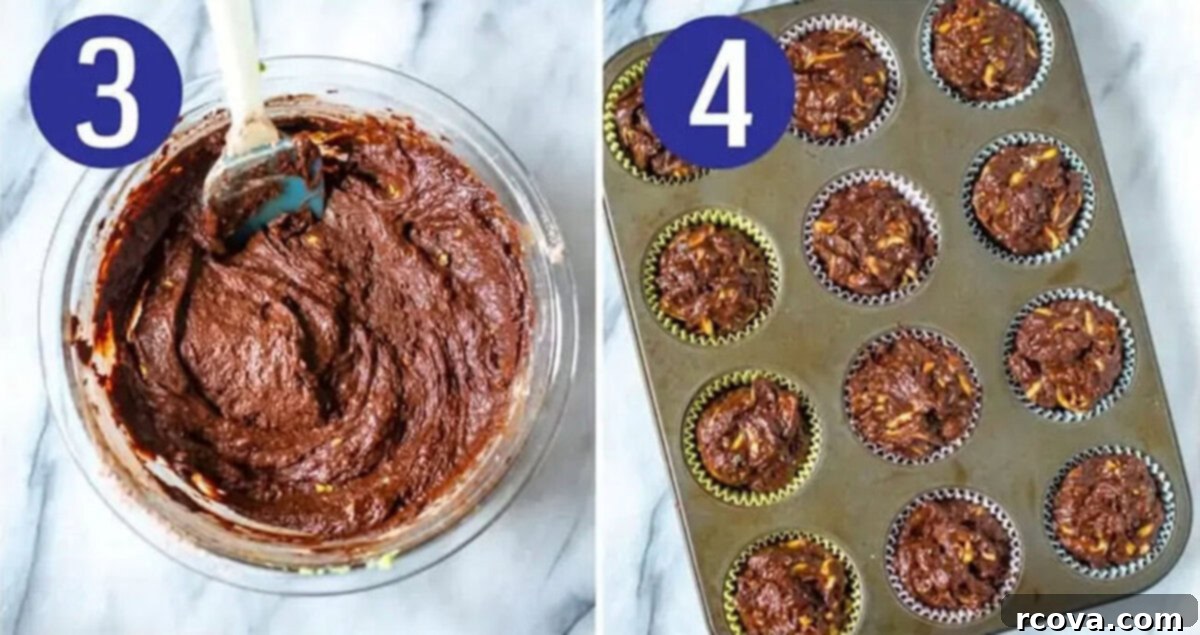 Guilt-Free Double Chocolate Zucchini Muffins 6 Steps 3 and 4 for making healthy chocolate avocado zucchini muffins: Gently fold dry ingredients into wet, then spoon into muffin tray.