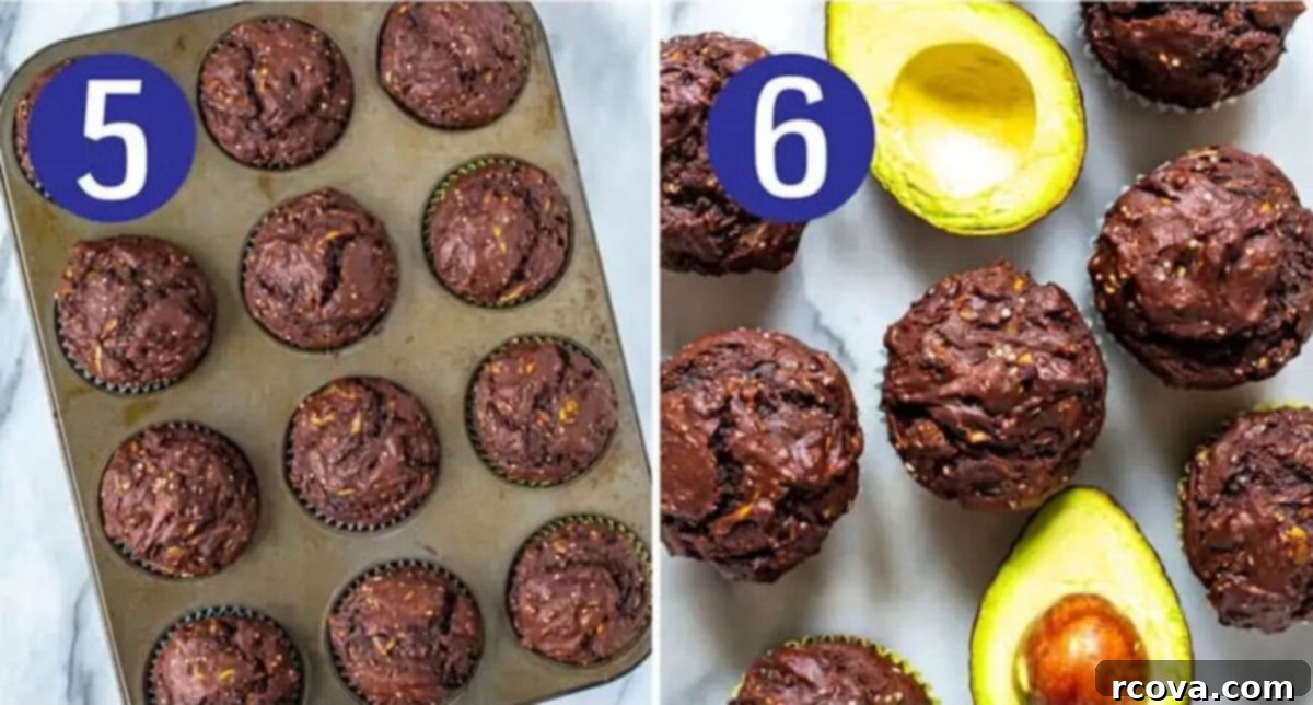 Guilt-Free Double Chocolate Zucchini Muffins 7 Steps 5 and 6 for baking healthy avocado chocolate zucchini muffins: Bake until golden and serve fresh.