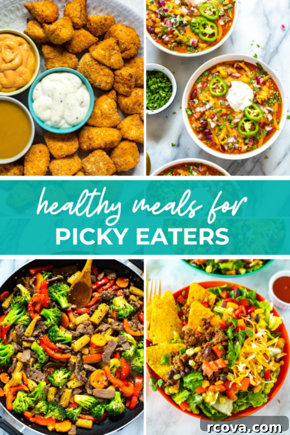 25+ Healthy Meals to Satisfy Even the Fussiest Eaters 34 Overhead shot of plated dishes with green banner in the middle - reading "healthy meals for picky eaters"