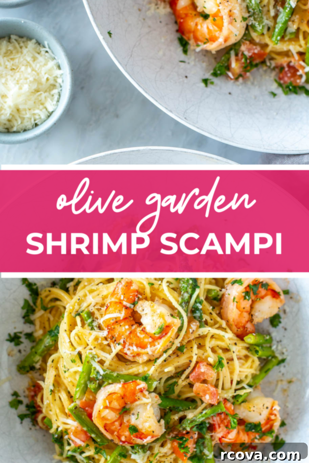 Olive Garden's Shrimp Scampi 13 Overhead shot of plated dish with pink banner in the middle - reading "olive garden shrimp scampi"
