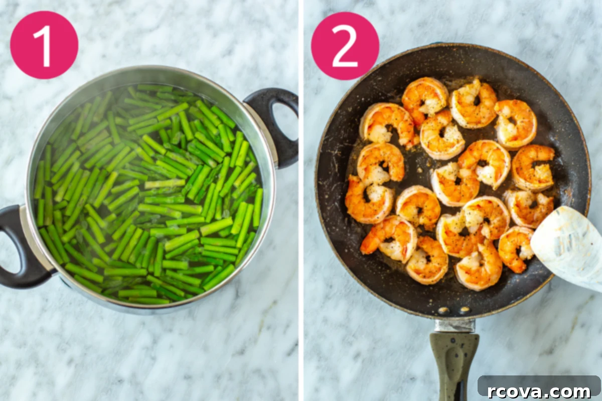 Olive Garden's Shrimp Scampi 5 Two images side by side illustrating steps 1 and 2 for making Olive Garden Shrimp Scampi. The first shows pasta and asparagus boiling, and the second shows shrimp cooking in a skillet.