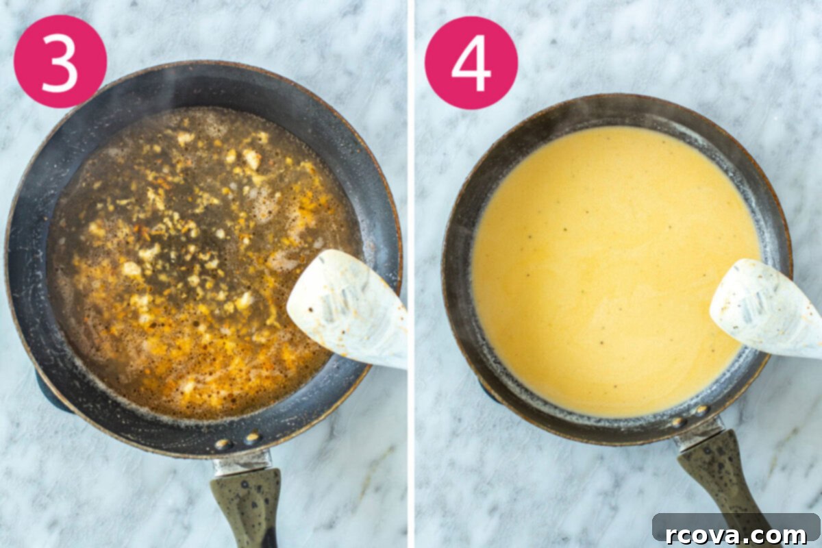 Olive Garden's Shrimp Scampi 6 Two images side by side illustrating steps 3 and 4 for making Olive Garden Shrimp Scampi. The first shows garlic sautéing in a pan, and the second shows cream and cheese being stirred into the sauce.