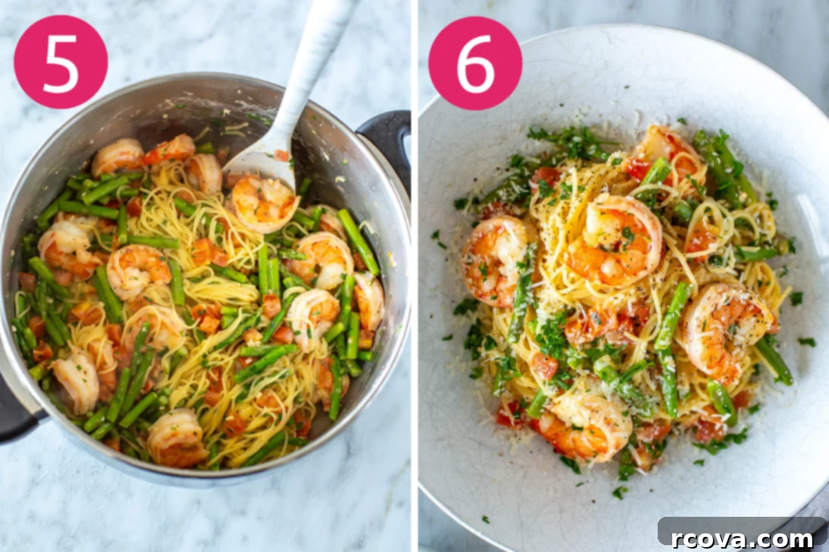 Olive Garden's Shrimp Scampi 7 Two images side by side illustrating steps 5 and 6 for making Olive Garden Shrimp Scampi. The first shows pasta, asparagus, and shrimp being tossed in the scampi sauce, and the second shows the finished dish in a bowl ready to be served.