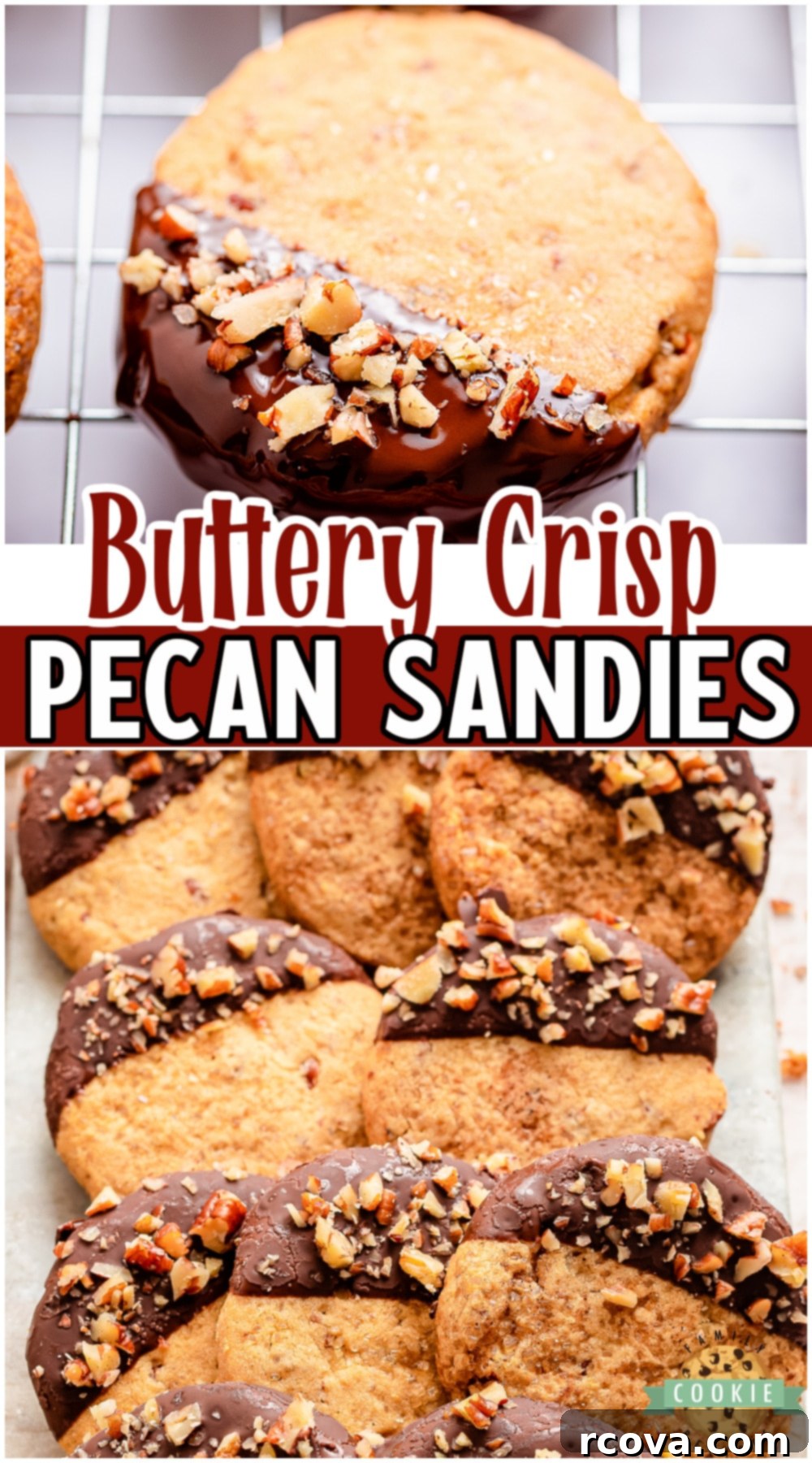Pecan Shortbread Cookies 10 Pecan Sandies are a tender, buttery cookie flavored with cinnamon, vanilla and plenty of pecans! Pecan cookies dipped in dark chocolate and sprinkled with chopped pecans for the ultimate cookie!