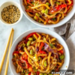 Quick 15-Minute Udon 10 Two bowls of stir-fried udon noodles.