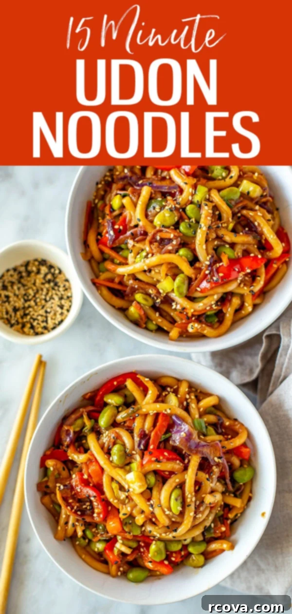 Quick 15-Minute Udon 11 These 15-Minute Udon Noodles are a fast and easy weeknight vegetarian dinner idea! They're stir-fried to perfection with the best sauce. #udonnoodles #stirfry
