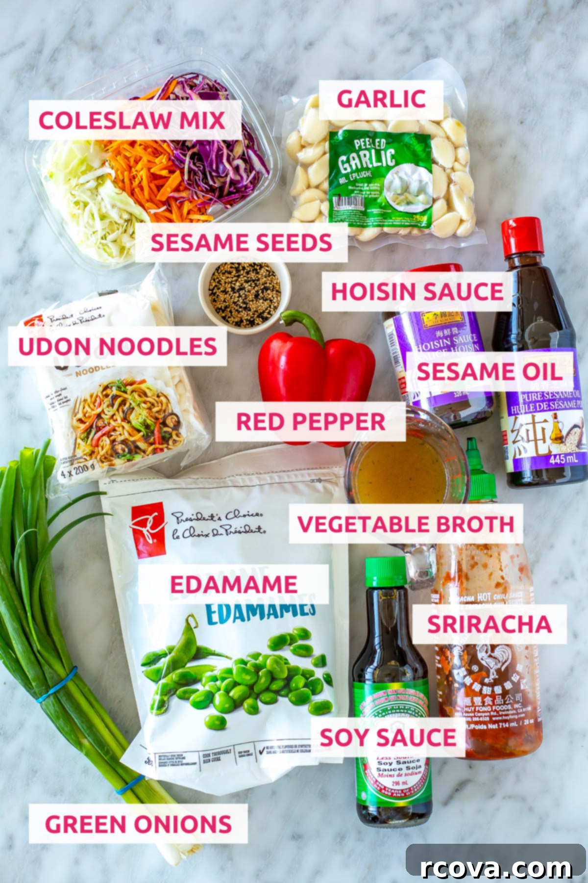Quick 15-Minute Udon 4 A flat lay of fresh ingredients for Udon Noodles: udon noodles, bagged coleslaw mix, bright green edamame, whole garlic cloves, bottles of hoisin sauce, soy sauce, sesame oil, and sriracha, along with sliced green onions, a carton of vegetable broth, a vibrant red bell pepper, and a small bowl of sesame seeds.