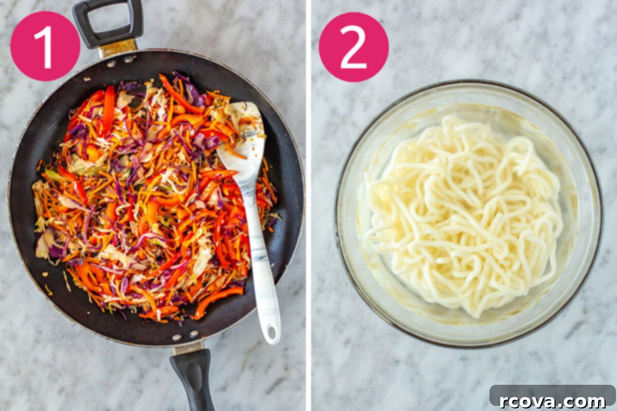 Quick 15-Minute Udon 5 Step-by-step photos showing a large skillet on a stove with coleslaw mix stir-frying in peanut oil, and a separate pot of boiling water ready for udon noodles.