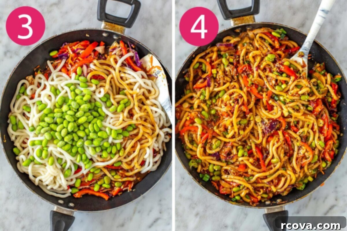 Quick 15-Minute Udon 6 Step-by-step photos showing chopped red bell pepper and edamame added to the stir-frying coleslaw mix in a pan, and then the final sauce being poured over the vegetables and noodles.