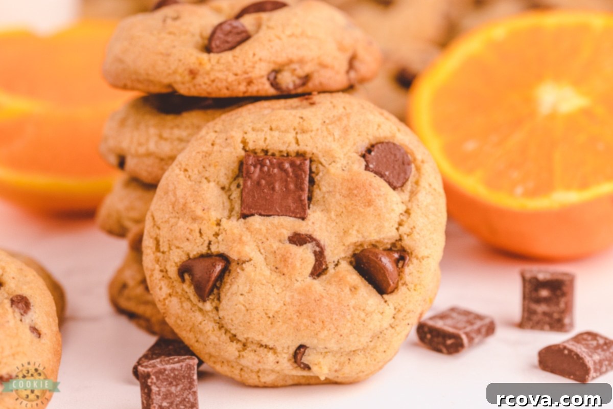 Spiced Citrus Chocolate Chip Cookies 7 Stacked orange cinnamon chocolate chip cookies with a bite taken out, showing the soft interior.