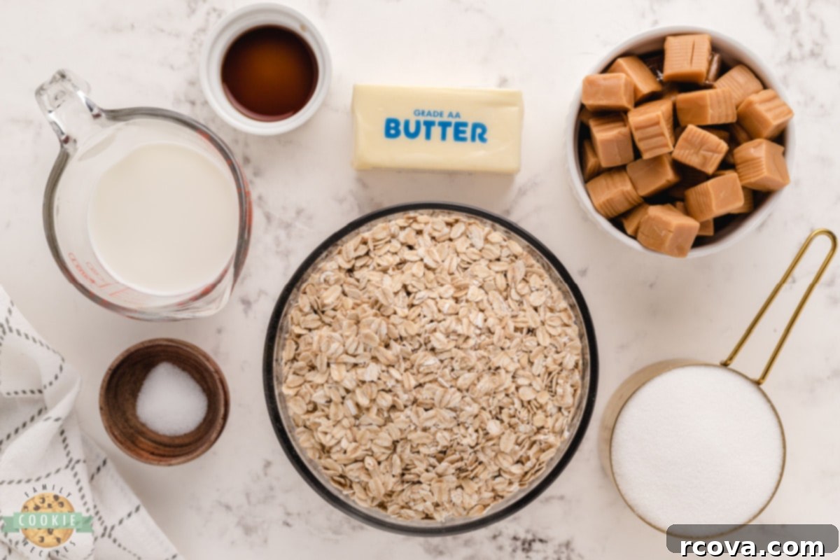 Dreamy Caramel Oat No Bake Bites 4 Individual ingredients for Caramel Oatmeal No Bake Cookies laid out on a white surface: butter, milk, sugar, vanilla extract, salt, unwrapped caramels, and quick oats.