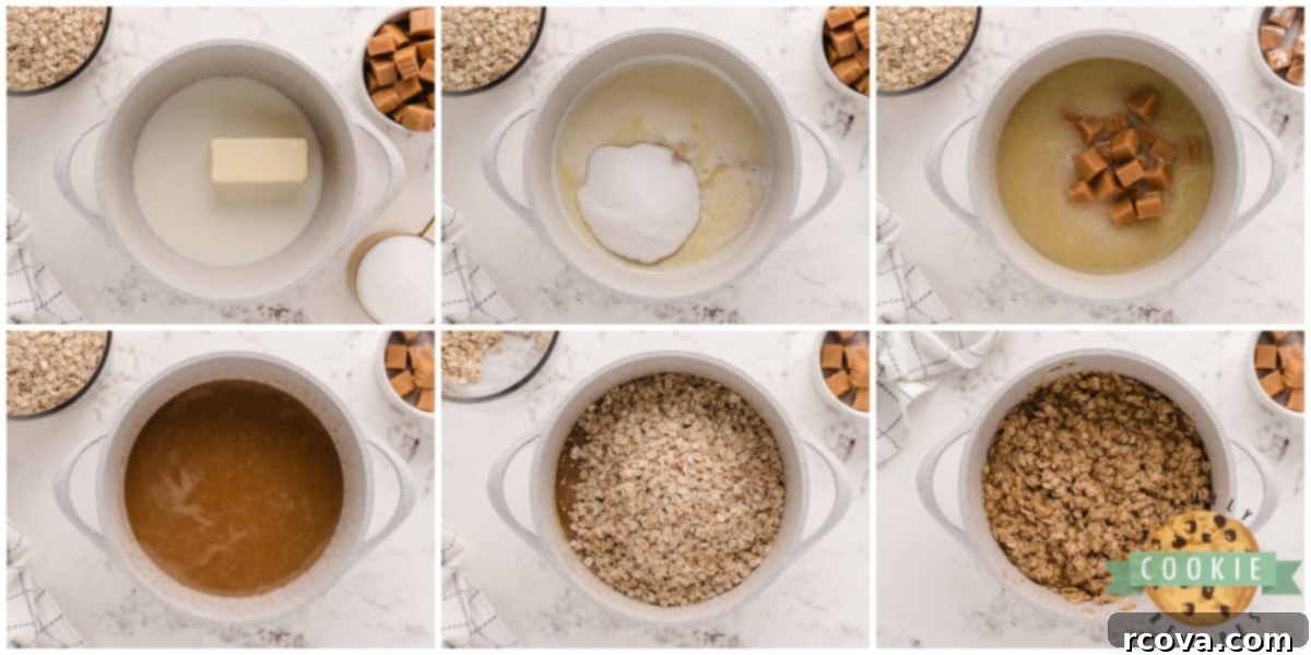 Dreamy Caramel Oat No Bake Bites 5 Step-by-step image showing the melted caramel and oat mixture being stirred in a saucepan before dropping onto wax paper.