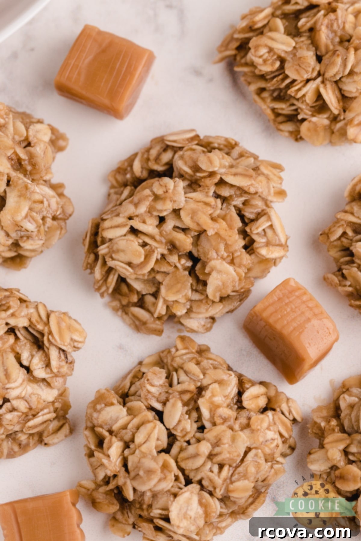 Dreamy Caramel Oat No Bake Bites 9 A trio of Caramel Oatmeal No Bake Cookies placed elegantly on a white serving dish, ready to be enjoyed.