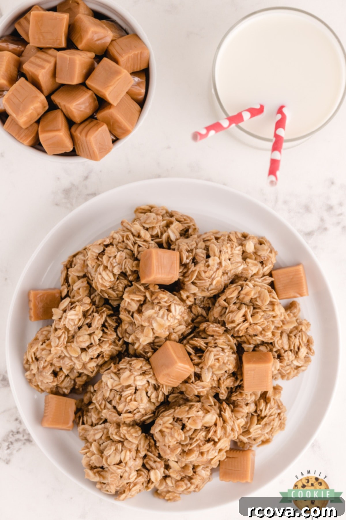 Dreamy Caramel Oat No Bake Bites 10 A close-up shot of Caramel Oatmeal No Bake Cookies, showing the texture of the quick oats and the glossy caramel coating.