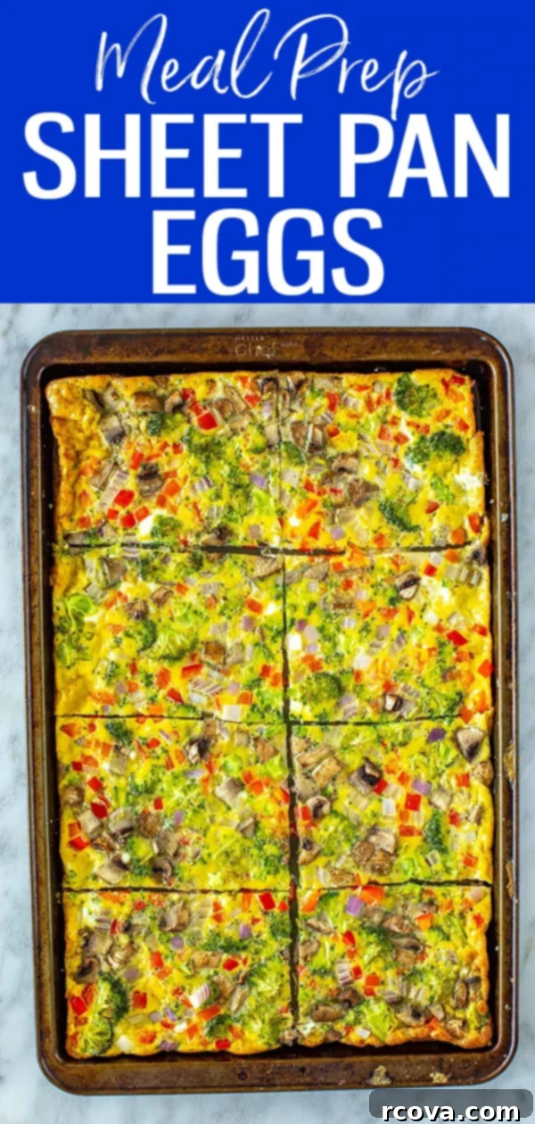 Big Batch Sheet Pan Eggs 12 A Pinterest-optimized image showcasing baked sheet pan eggs with the text: 'These Sheet Pan Eggs are a quick and easy way to meal prep breakfasts or feed a crowd! Customize them with your favourite veggies. #sheetpan #eggs #mealprep'