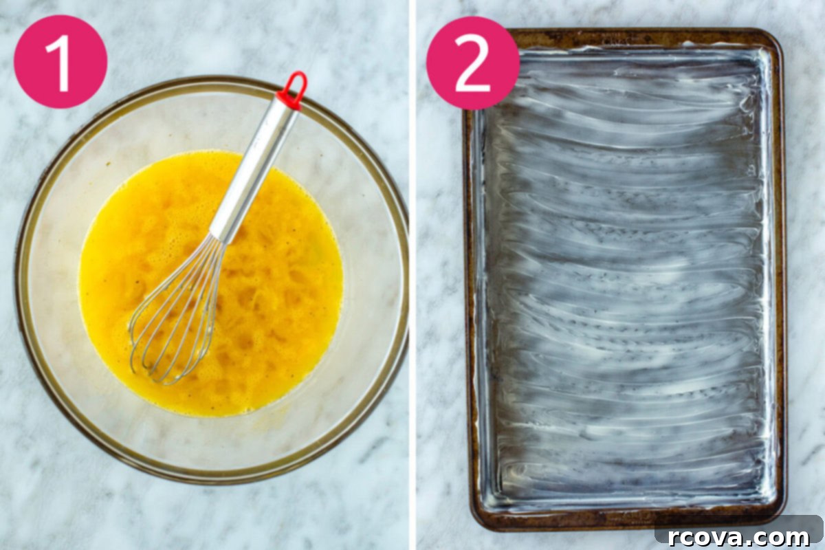 Big Batch Sheet Pan Eggs 5 Visual guide showing the first two steps for making sheet pan eggs: a bowl of whisked eggs with vegetables, and a sheet pan thoroughly greased with butter.
