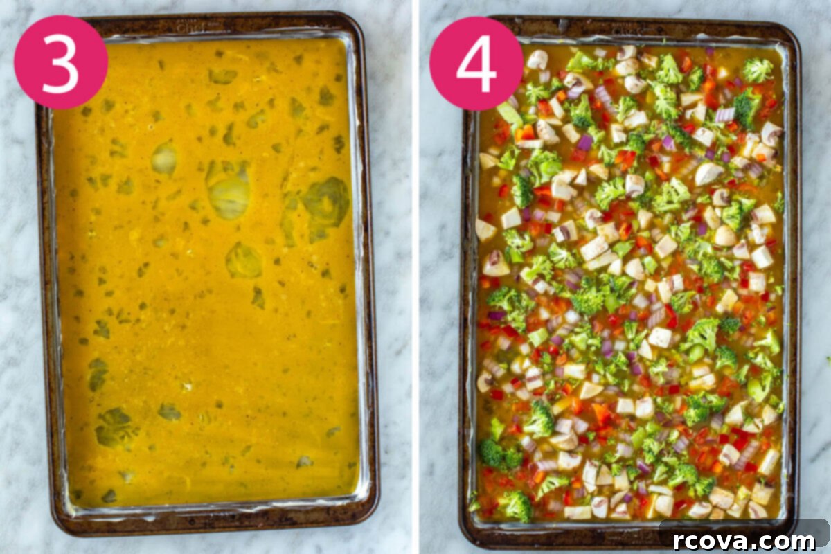 Big Batch Sheet Pan Eggs 6 Visual guide showing steps 3 and 4 for making sheet pan eggs: pouring the whisked egg mixture with vegetables into the greased sheet pan, and then the pan ready for baking in the oven with toppings.