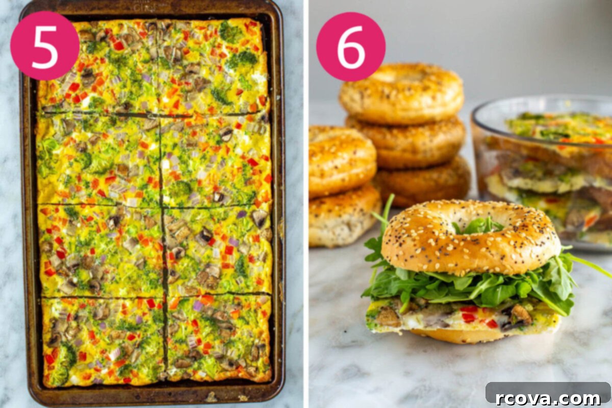 Big Batch Sheet Pan Eggs 7 Visual guide illustrating the final steps of making sheet pan eggs: a golden-brown baked egg slab on a baking sheet, and neatly cut square portions ready for serving.